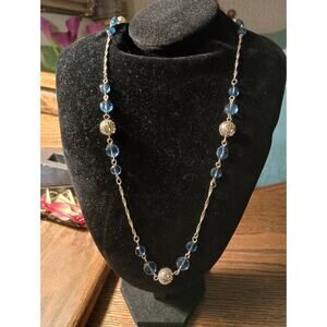 Vintage Blue Glass Beads with Silver Filigree Ball Necklace 17.5" long